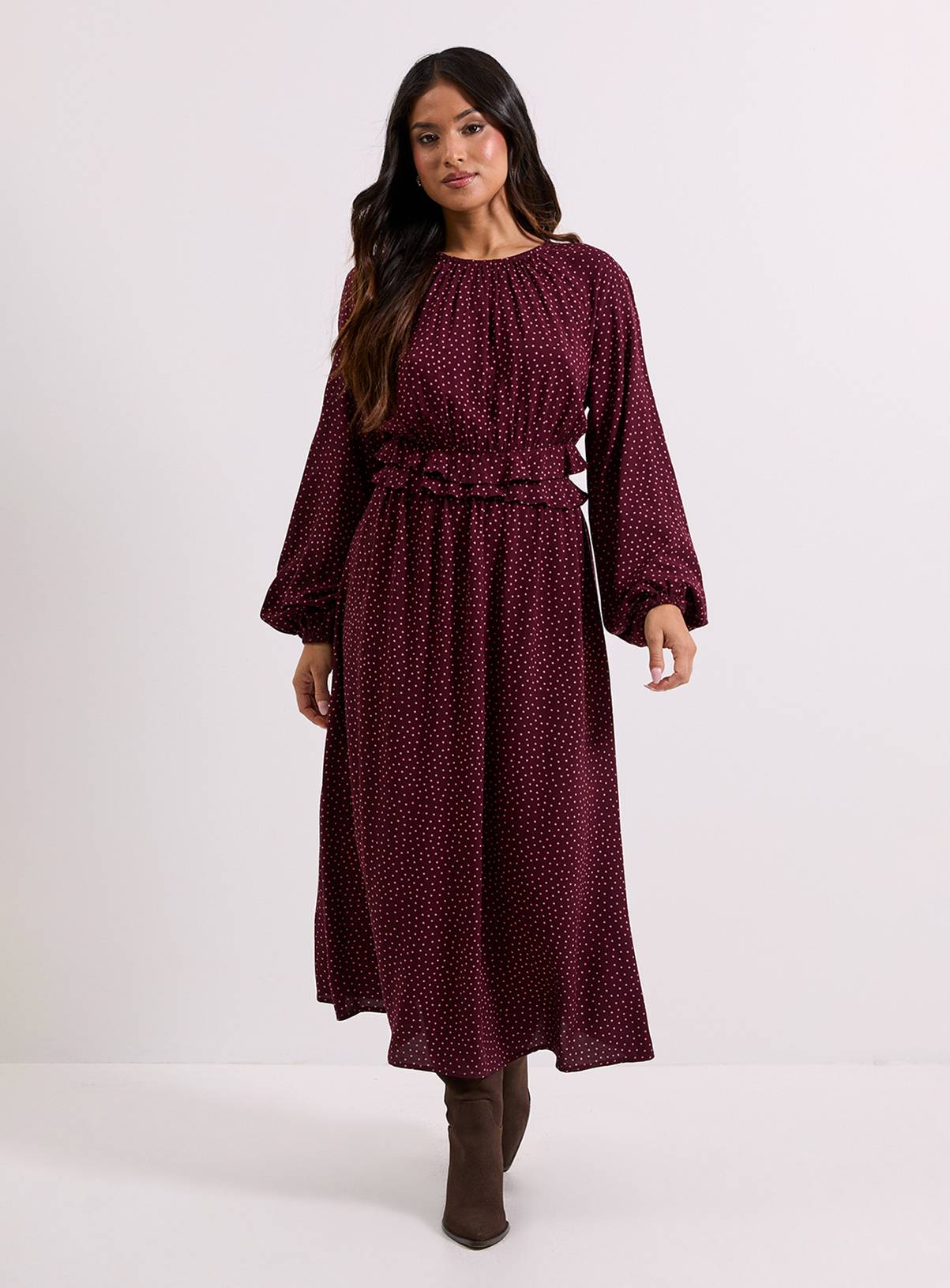 DOROTHY PERKINS Petite Berry Spot Frill Wait Detail Blouson Sleeve Midi Dress 14 - Image 1